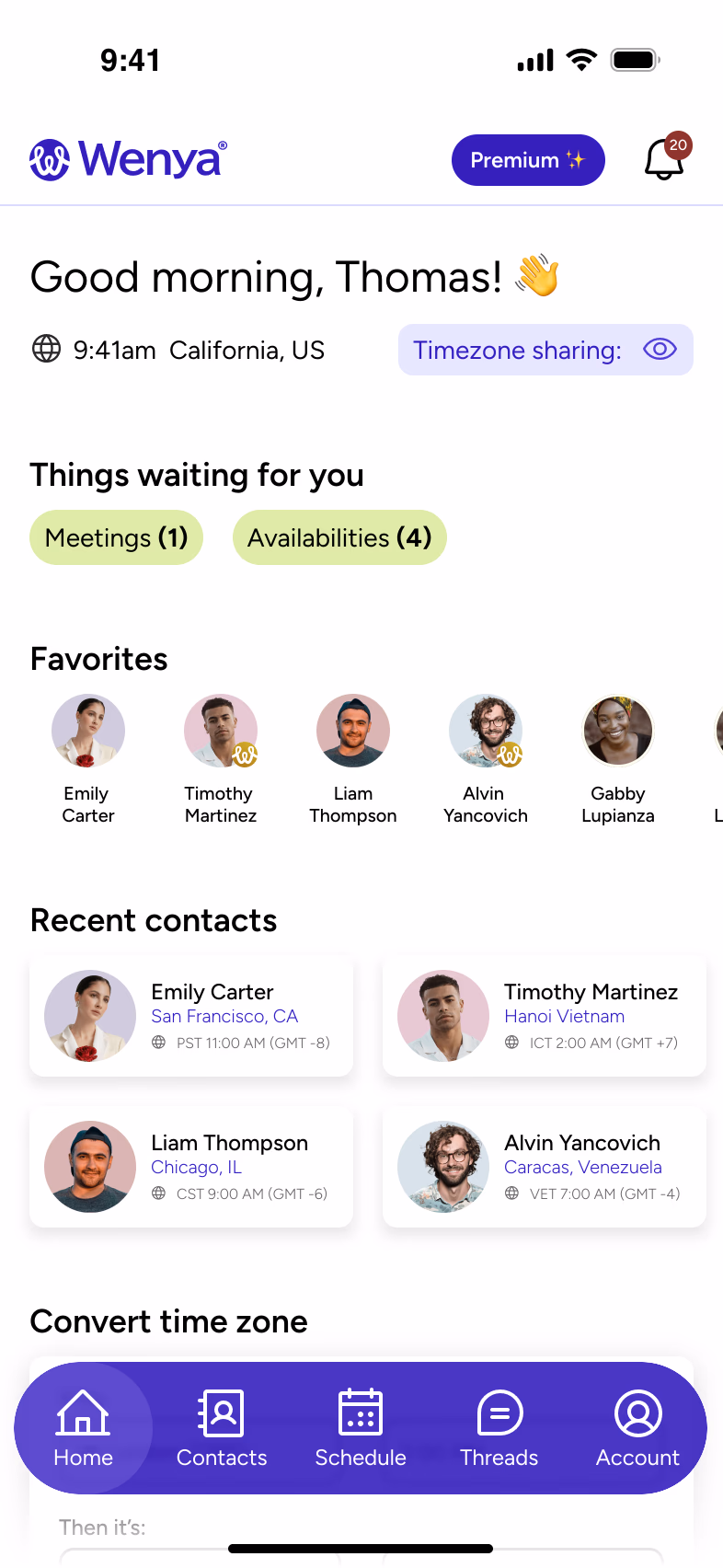 The Wenya app dashboard with availability, contacts and time zones